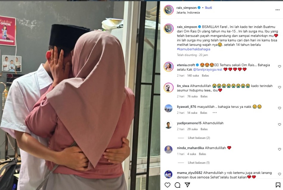 Momen pertemuan Farel Prayoga dengan ibu kandungnya usai terpisah selama 15 tahun. (Instagram @rais_simpson)