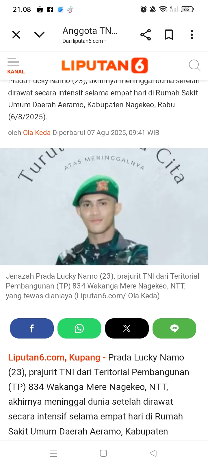 Sungguh sadis, Anggota TNI Prada Lucky tewas dengan tubuhnya babak belur, penuh luka sayatan dan sulutan rokok, diduga dianiaya seniornya.