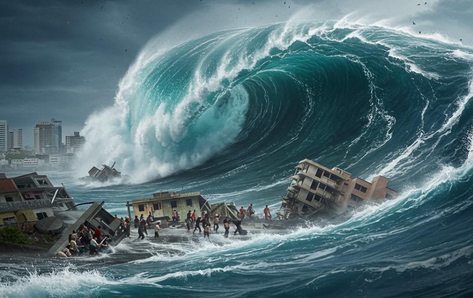 Ilustrasi Tsunami. BRIN menyoroti bahwa pembangunan infrastruktur di selatan Jawa &ndash; seperti bandara, pelabuhan, dan kawasan industri &ndash; belum sepenuhnya mengintegrasikan risiko tsunami.