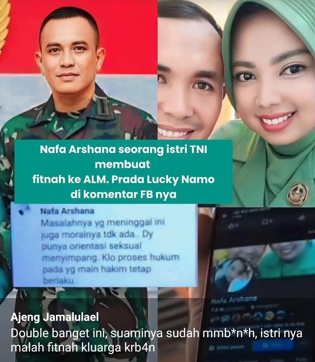 Akun Facebook@Nafa Arshana, yang merupakan istri Prajurit TNI, tega membuat fitnah keji dengan menyebut Prada Lucky memiliki kelainan seksual.