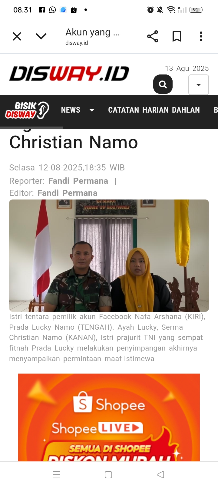 Nafa Arshana didampingi suami Sertu Gunadin, membuat video permohonan maaf karena telah memfitnah Prada Lucky yang mengalami penganiayaan karena memiliki kelainan seksual.
