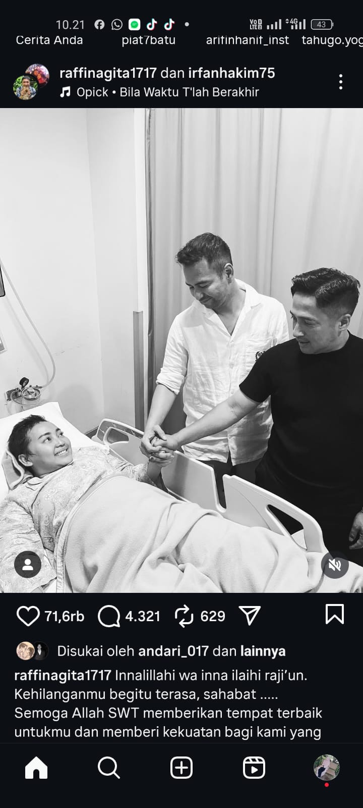 Postingan Raffi Ahmad dan Irfan Hakim di laman Instagram masing-masing terkait kabar Mpok Alpa meninggal dunia.