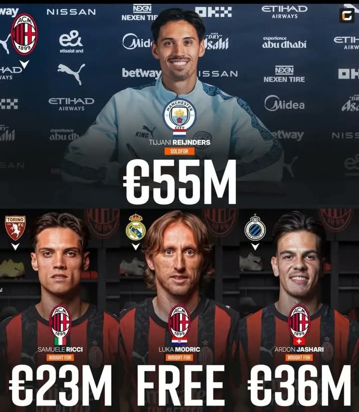 Tijjani Reijnders, penjualan termahal AC Milan musim ini, dan 3 rekrutan terbaru lini tengah, Samuele Ricci, Luka Modric, dan Ardon Jashari.