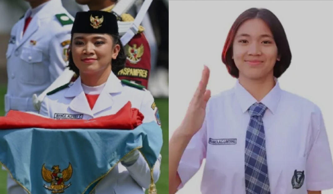 Sosok Bianca Alessia pembawa baki bendera dan pasukan paskibraka