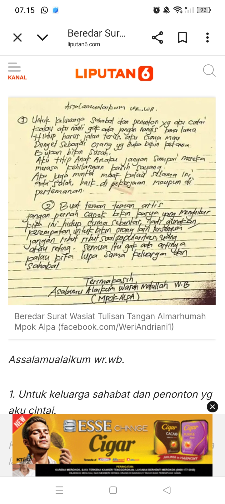 Beredar foto di media sosial yang diduga surat wasiat dari Mpok Alpa, isinya berupa permintaan, pesan dan nasehat kepada keluarga dan rekan artis.