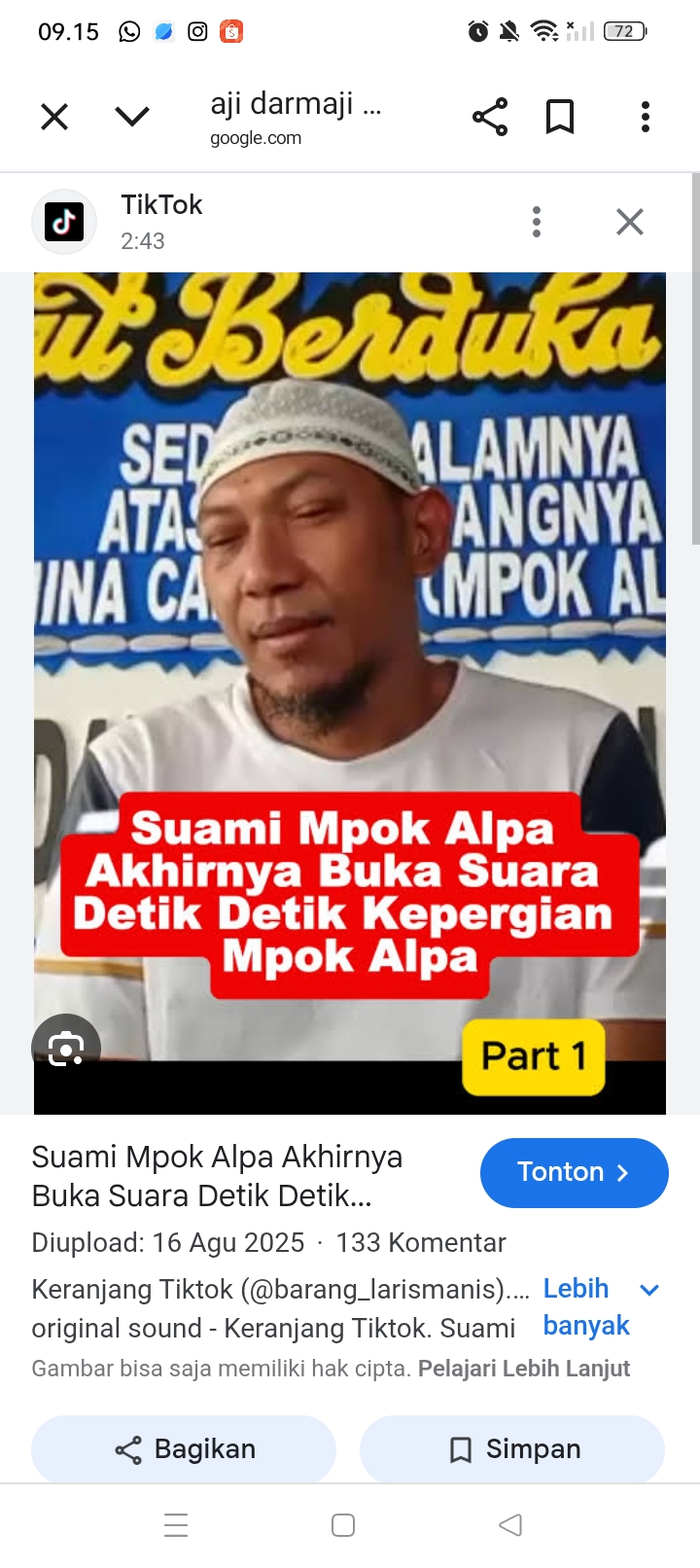 Perlakuan diam-diam Mpok Alpa pada driver ojol, baru ketahuan sang suami Aji Darmaji saat membuka handphone Almarhumah.