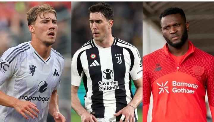 Inilah tiga calon striker AC Milan, Rasmus Hojlund, Dusan Vlahovic, dan Victor Boniface.
