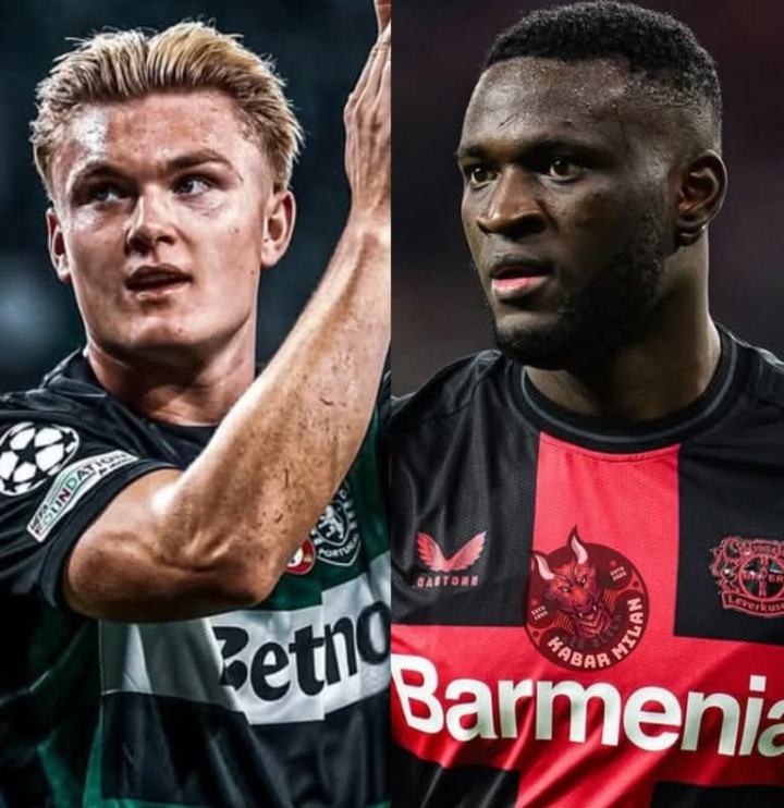 Victor Boniface dan Conrad Harder yang kemungkinan akan berduet di lini depan AC Milan.