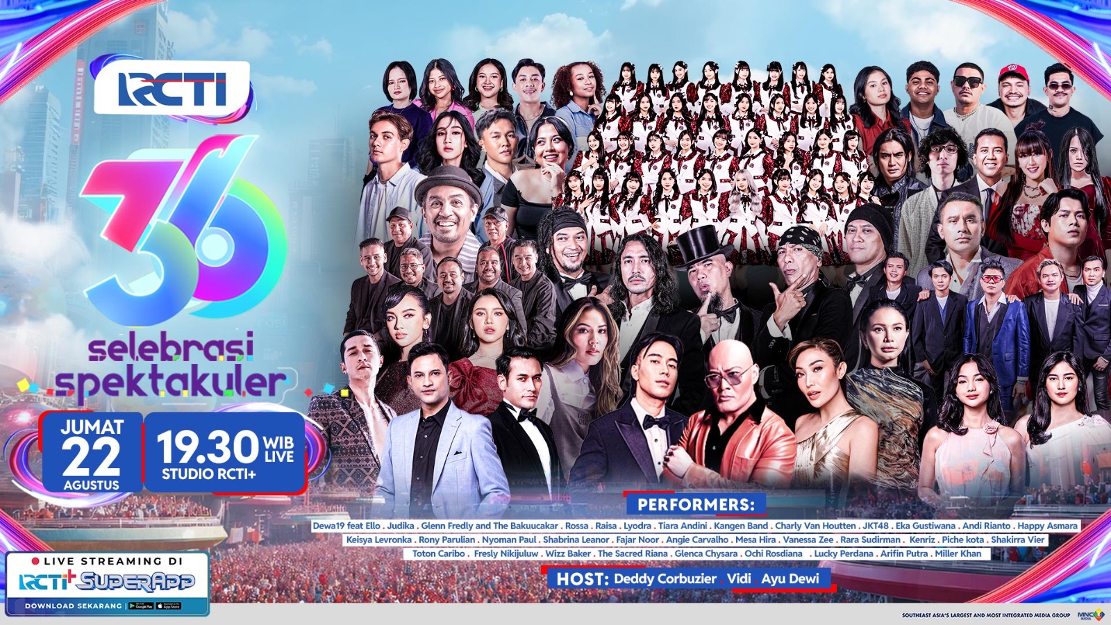 Memasuki usia ke-36, RCTI kembali menghadirkan perayaan ulang tahun yang selalu dinanti pemirsa setianya. Konser musik yang mengusung tema &ldquo;Selebrasi Spektakuler&rdquo; ini akan ditayangkan secara live.