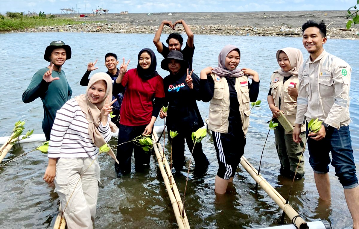 ANTUSIAS: Para pegawai PLN Indonesia Power UBP Jeranjang bersama Unram dan Tim Siaga Bencana Desa Taman Ayu saat menanam mangrove terapung.