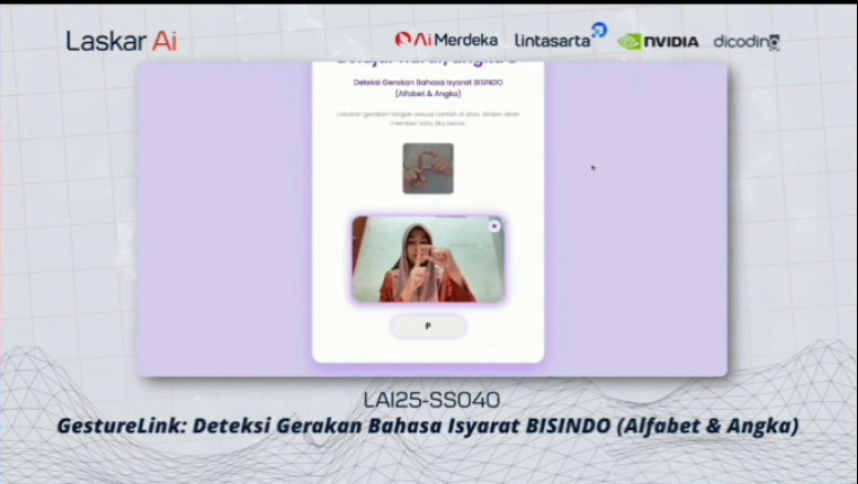 Bentuk tampilan interface aplikasi Gesture Link dalam mendeteksi gerakan bahasa Isyarat BISINDO ketika dijalankan melalui platform website.