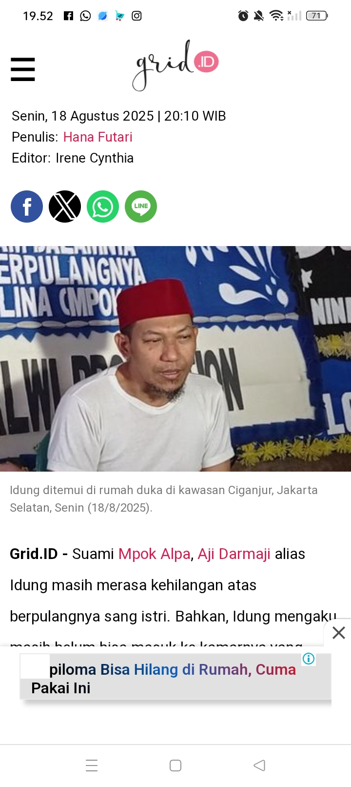 Mpok Alpa baru saja meninggal dunia, tanah kuburannya pun belum juga kering, tapi suaminya, Ajie Darmaji malah curhat soal tabungan yang habis.
