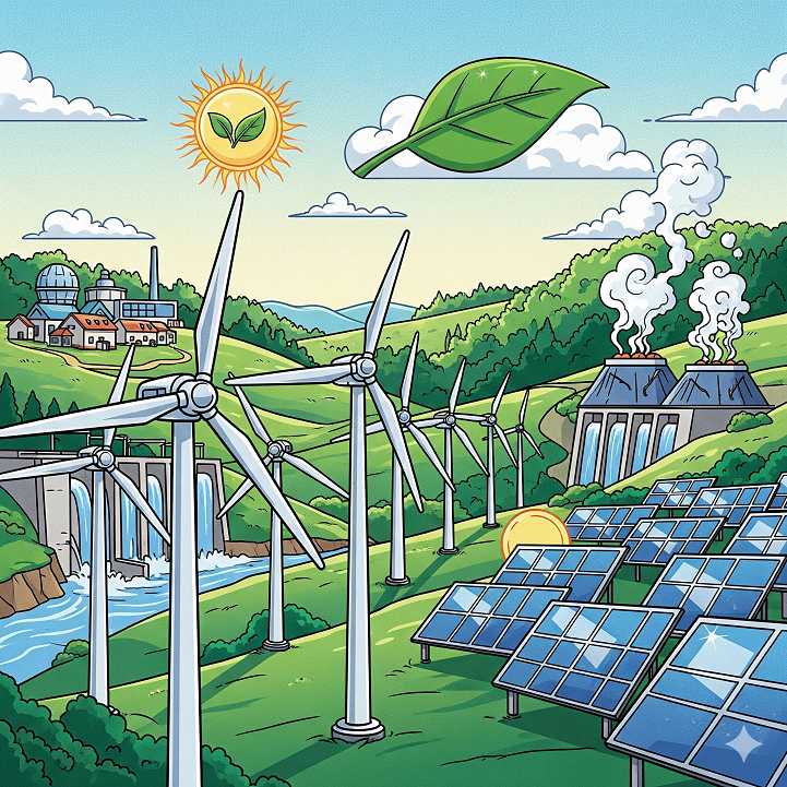 Solusi energi terbarukan: Ilustrasi optimis yang menampilkan panel surya dan turbin angin, melambangkan harapan untuk mengatasi pemanasan global melalui teknologi ramah lingkungan.