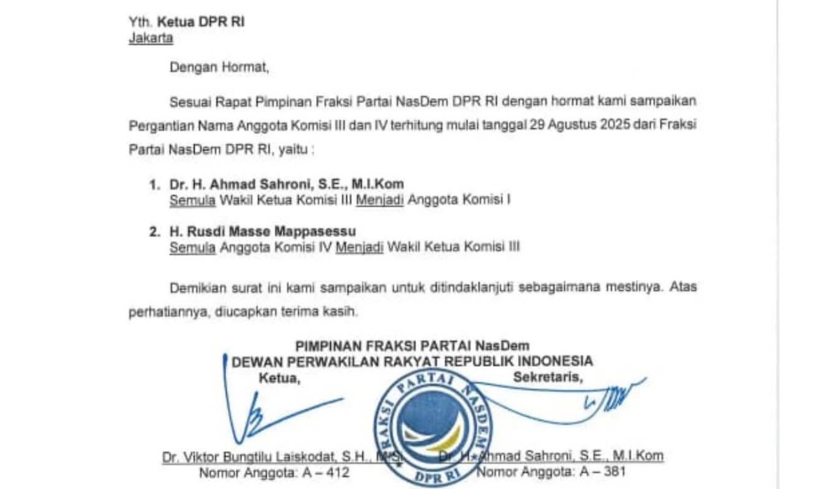 Ilustrasi Surat PAW DPR RI. NasDem Rotasi Anggota, Ahmad Sahroni Diganti Rusdi Masse sebagai Wakil Ketua Komisi III DPR RI.