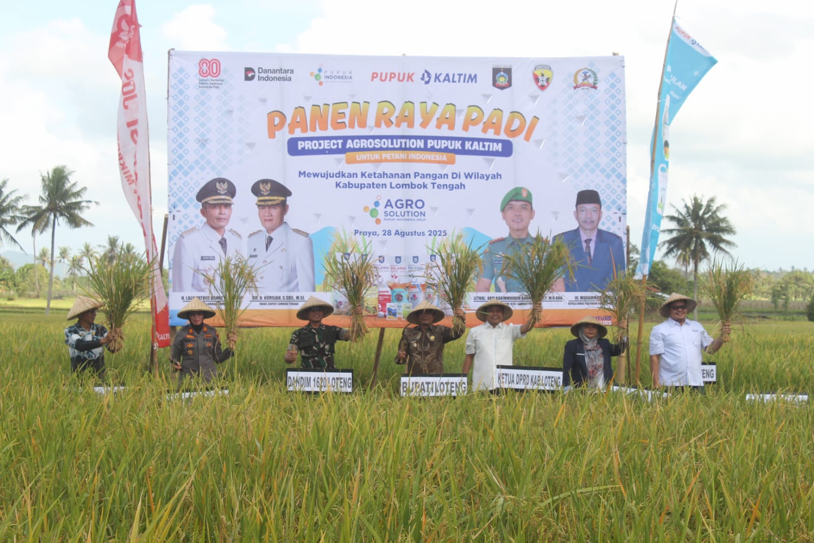 PENYANGGA NASIONAL: Bupati Loteng Lalu Pathul Bahri, Komandan Kodim 1620/Loteng Letkol Arm Karimmuddin Rangkuti gelar panen raya di Desa Gerunung, Praya, Lombok Tengah, Kamis (28/8).