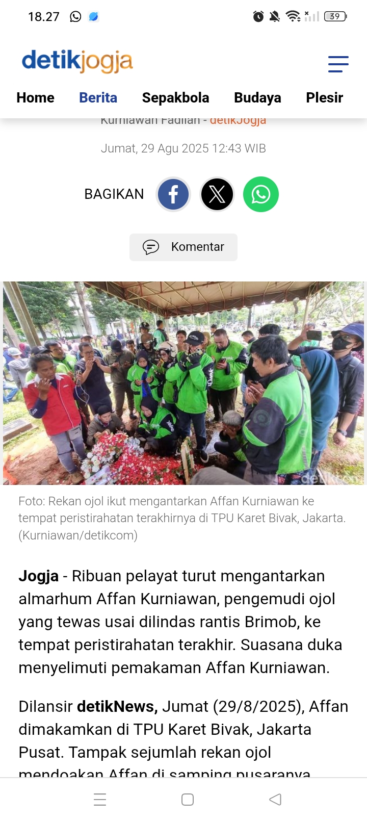Jenazah Affan Kurniawan telah dimakamkan di TPU Karet Bivak, Jakarta.