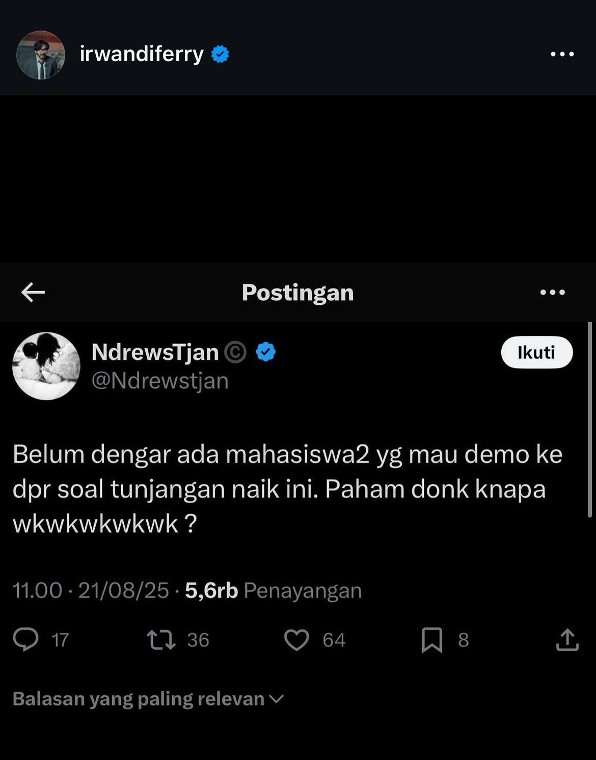 Unggahan Ferry Irwandi di akun Instagram miliknya.