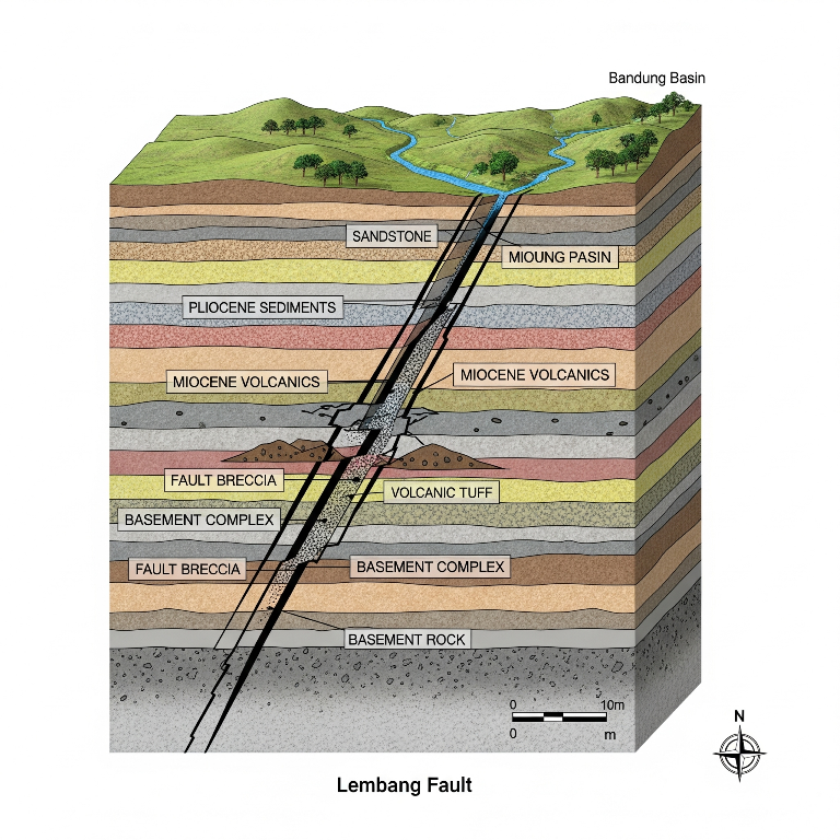 Lapisan Geologis: Ilustrasi penampang melintang ini menunjukkan bagaimana Sesar Lembang menggeser lapisan-lapisan geologis di bawah permukaan tanah.