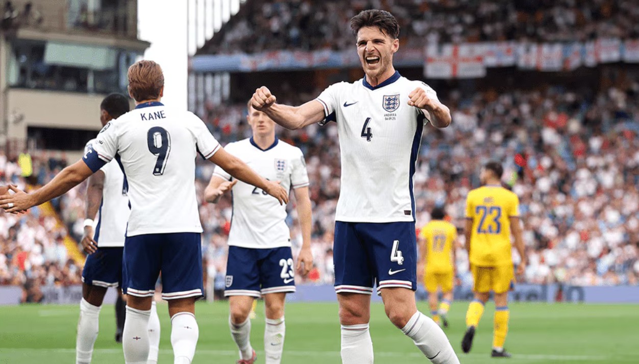 Pemain Arsenal Declan Rice mencetak salah satu gol Inggris saat melawan Andorra.