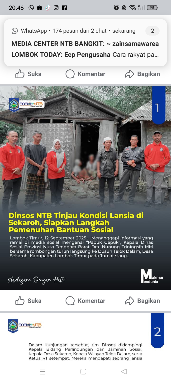 Kepala Dinas Sosial Provinsi Nusa Tenggara Barat Dra. Nunung Triningsih MM bersama rombongan turun langsung ke Dusun Telok Dalam, Desa Sekaroh, Kabupaten Lombok Timur pada Jumat (12/9) siang.