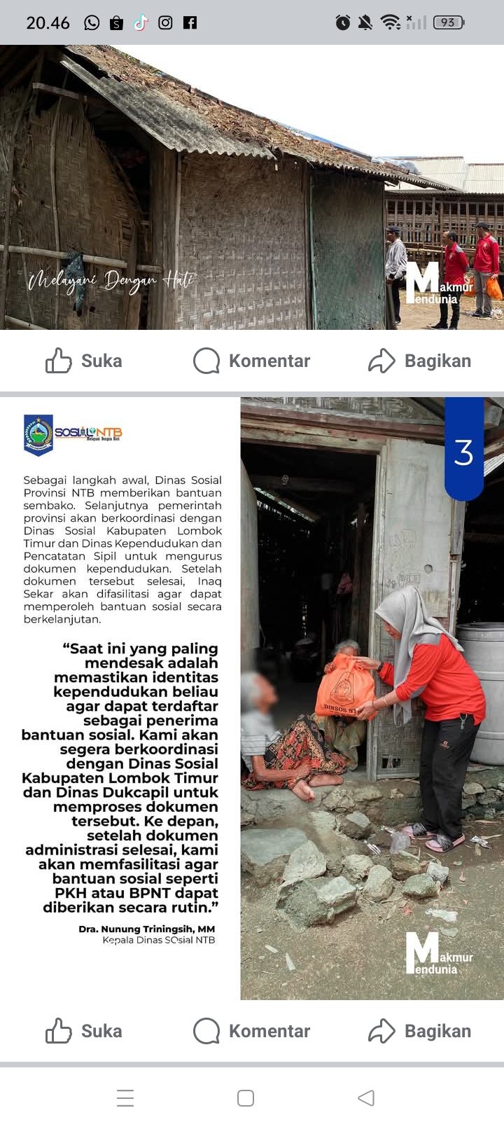 Inaq Sekar belum menerima bantuan sosial karena tidak memiliki kartu tanda penduduk sebagai syarat administrasi.