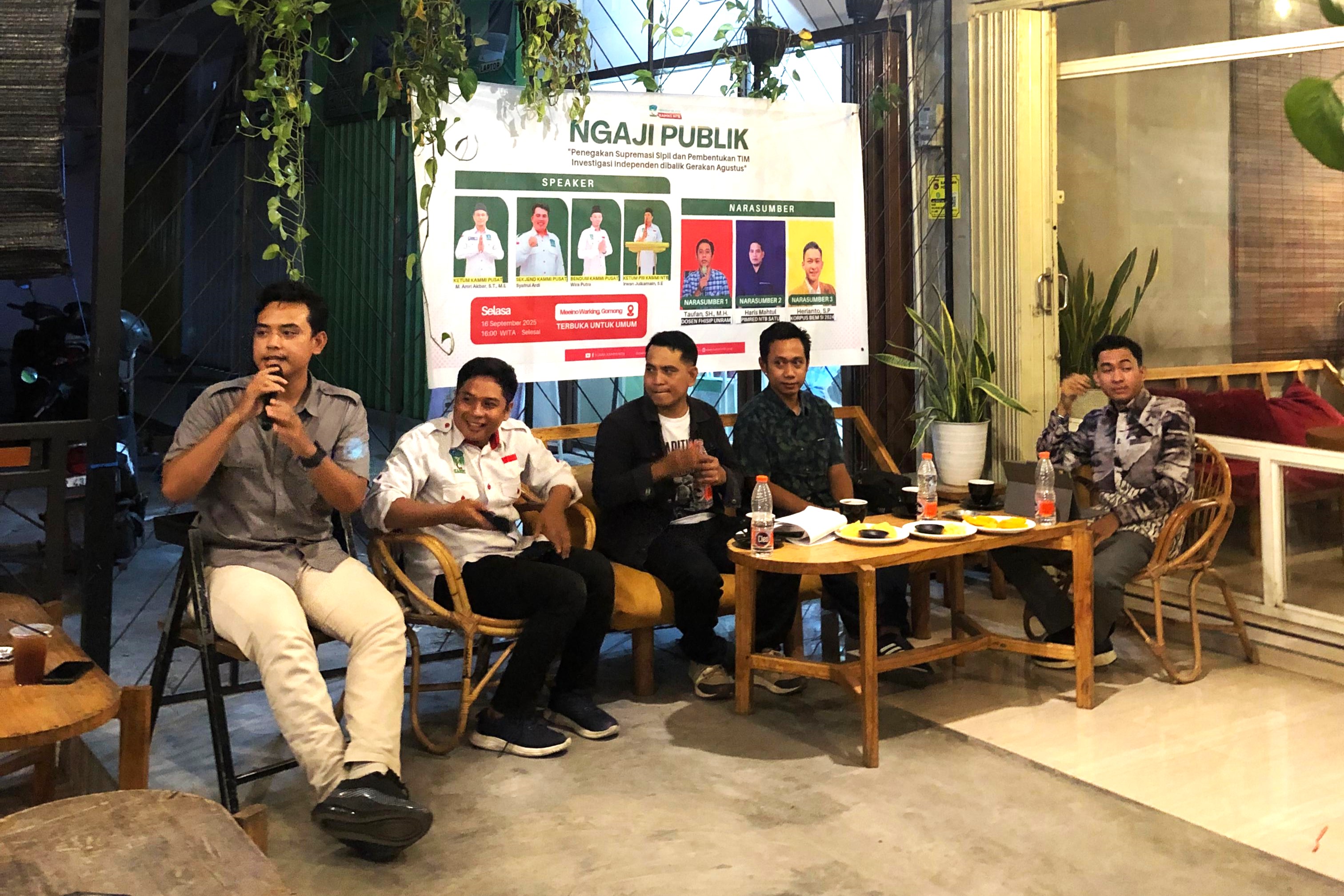 Suasana pw kammi ntb gelar ngaji publik bahas supremasi sipil dan tim investigasi independen.