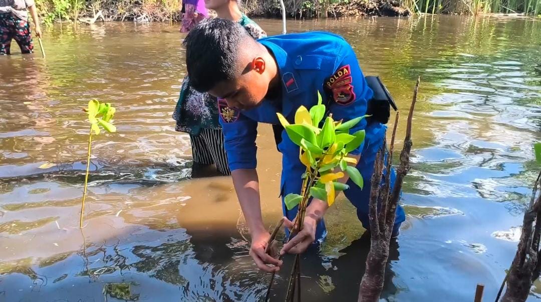 Penanaman mangrove di Pantai Kokoq Pedeq Desa Sugian, Lombok Timur oleh personel Ditpolair Polda NTB.