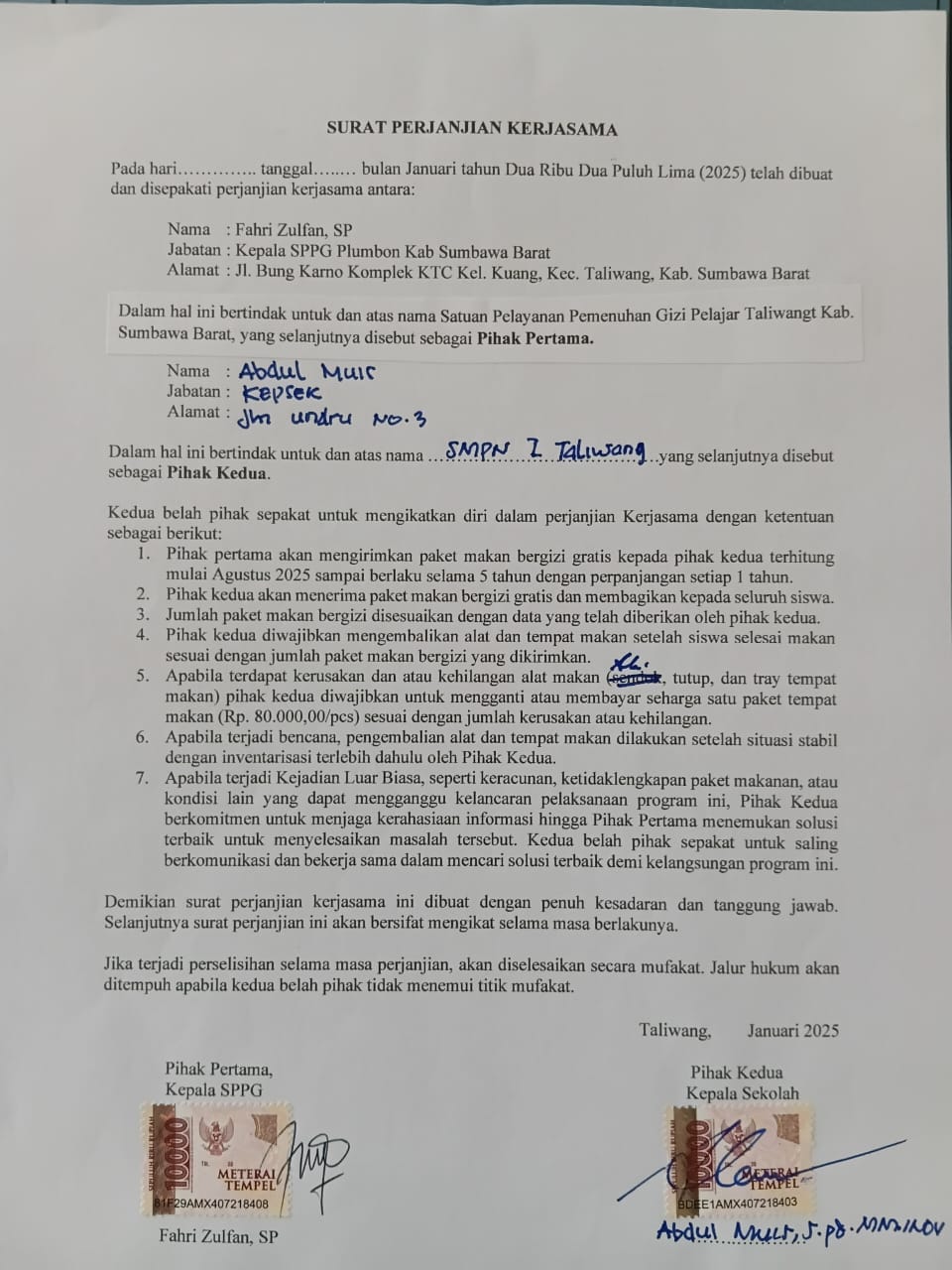 Inilah surat perjanjian kerja sama antara SPPG dengan kepala sekolah.