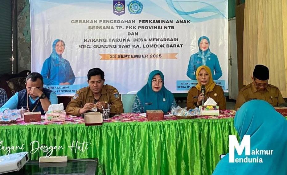 Kadis Sosial NTB Dra. Nunung Triningsih, MM menghadiri undangan Sosialisasi Gerakan Pencegahan Pernikahan Anak dari Tim Penggerak PKK Provinsi NTB dan Karang Taruna Desa Mekar Sari Selasa (23/9).