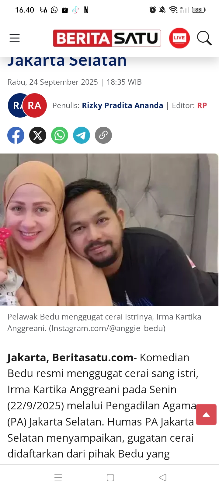 Komedian Bedu resmi menggugat cerai istrinya, Irma Kartika Anggraeni di Pengadilan Agama Jakarta Selatan.