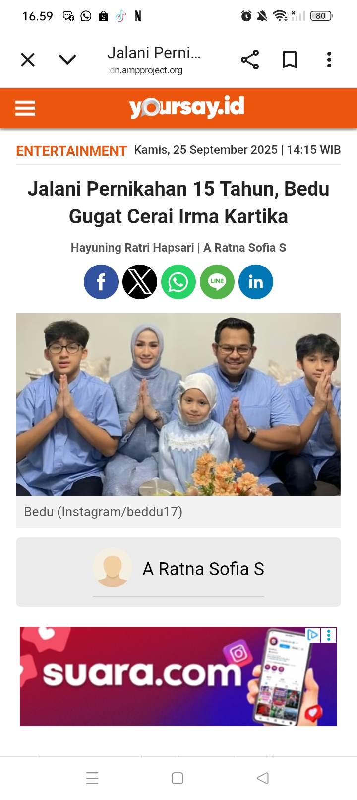 Pernikahan Bedu dan Irma selama 15 tahun telah dikaruniai 2 orang putra dan satu putri.
