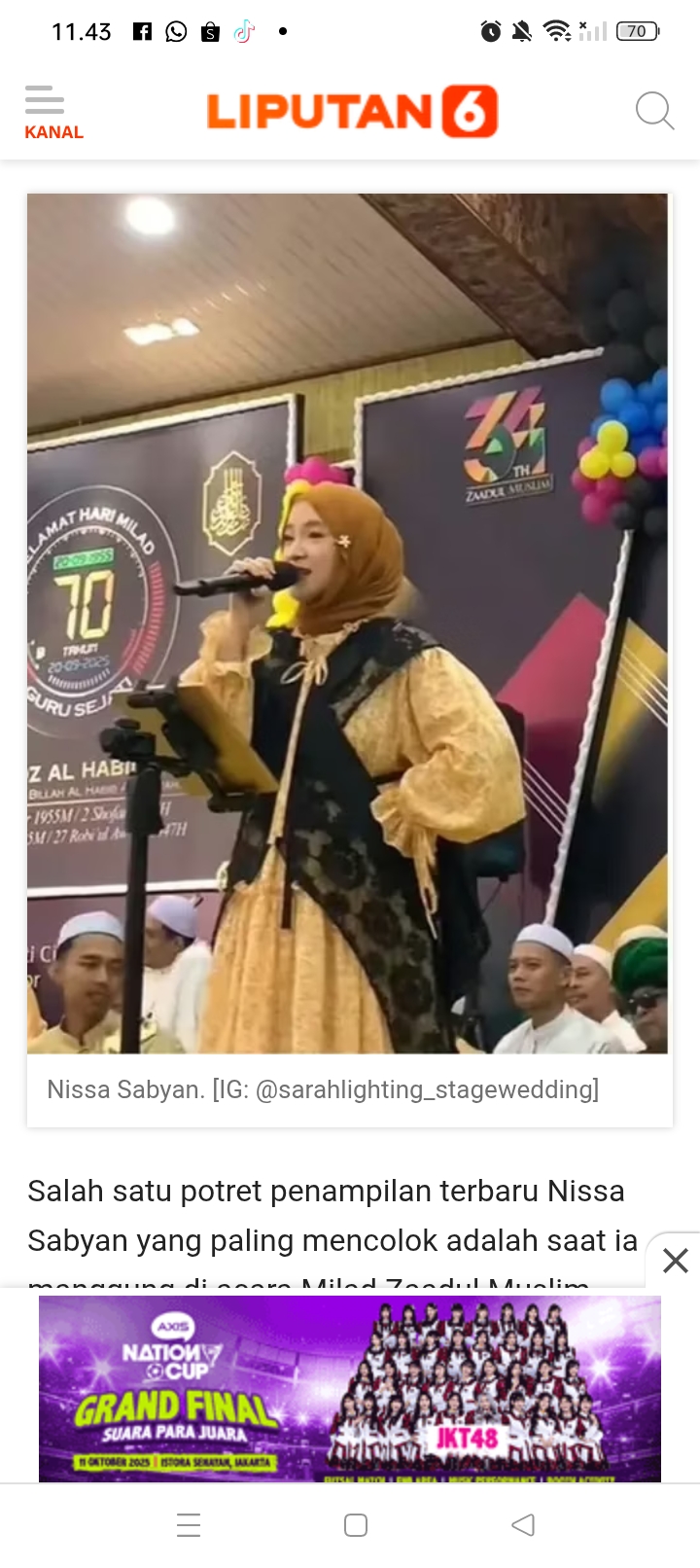 Penyanyi religi Nissa Sabyan tengah diisukan hamil anak pertama dari Ayus Sabyan karena fisiknya yang terlihat lebih gemuk.