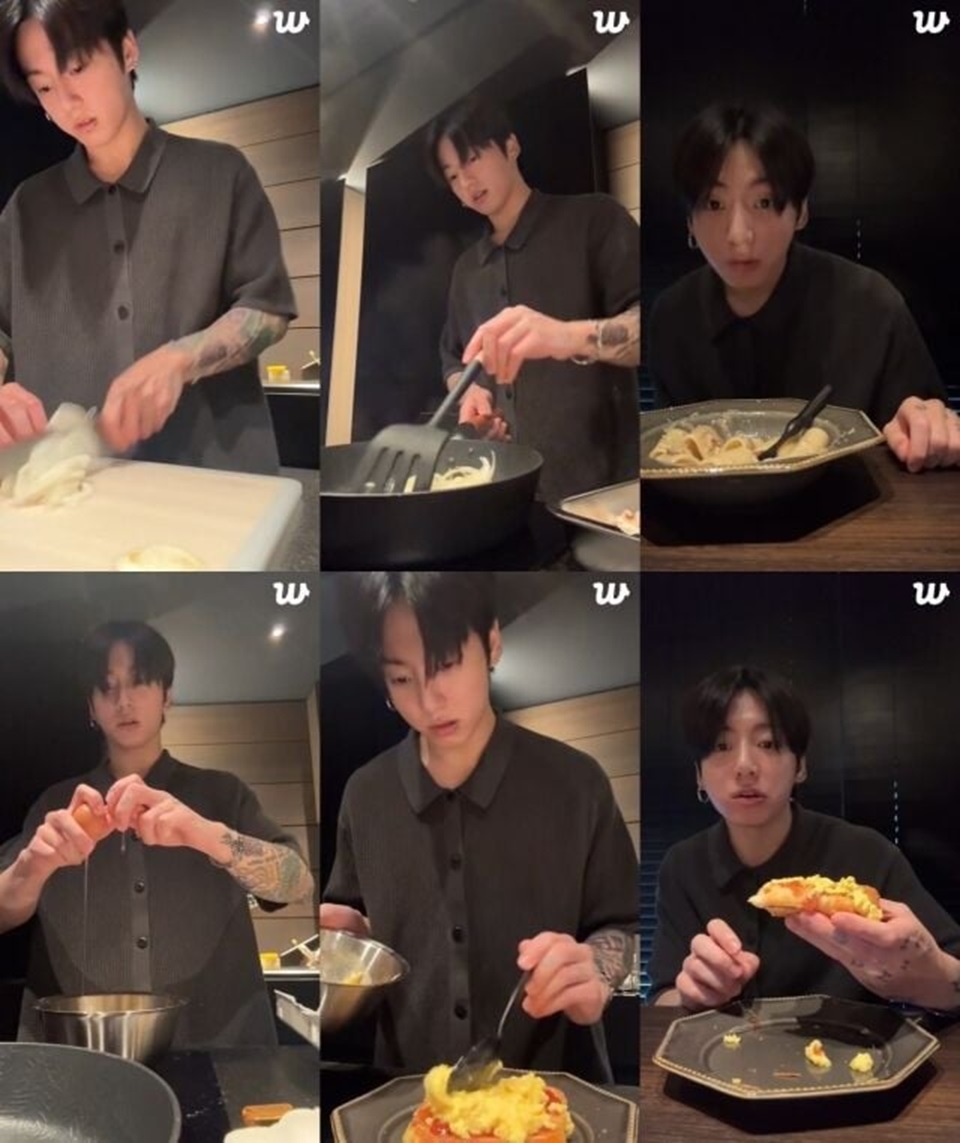 Jungkook BTS pamer keterampilan masak ala koki, bikin pasta truffle saat siaran langsung weverse pada 28 September lalu.