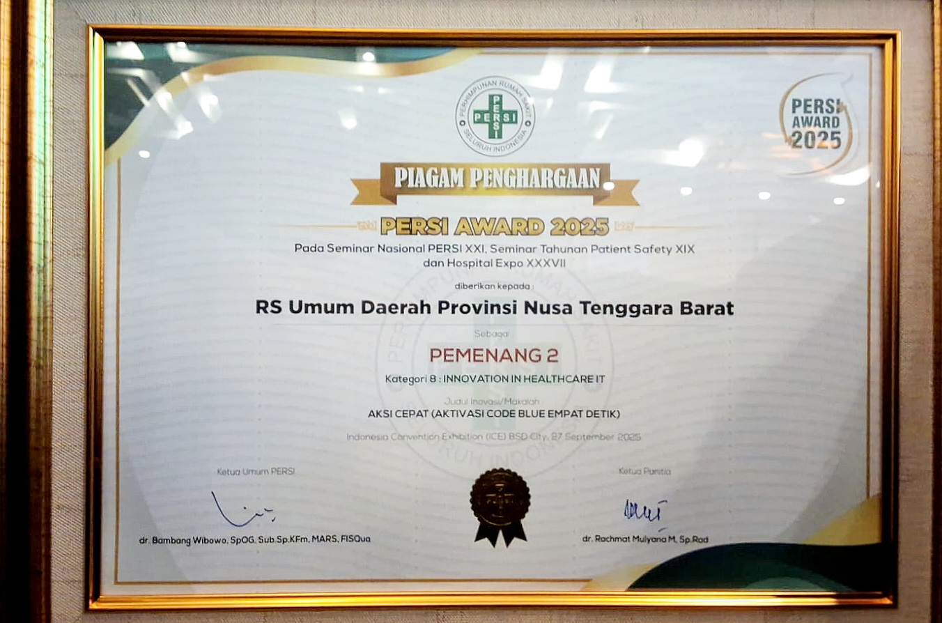 MEMBANGGAKAN: Inilah piagam penghargaan yang didapatkan RSUD Provinsi NTB dalam ajang Persi Award 2025.
