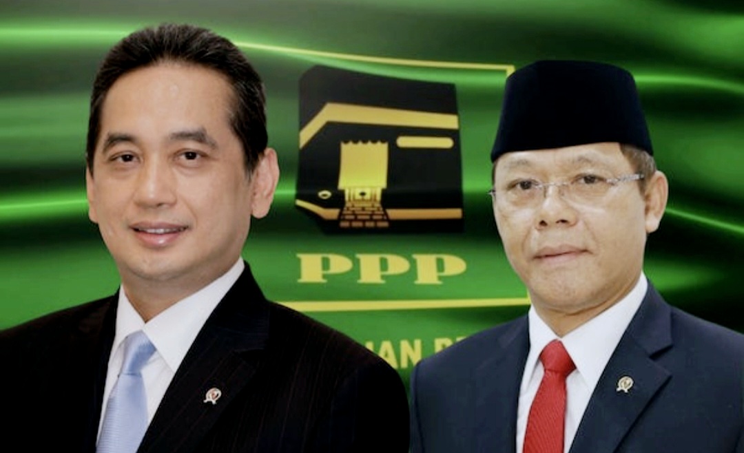Agus Suparmanto (kiri) dan Muhamad Mardiono (kanan) sama-sama mengklaim sebagai ketua umum PPP dalam Muktamar X PPP di Hotel Mercure, Ancol, Jakarta Utara, pada 27-29 September 2025.