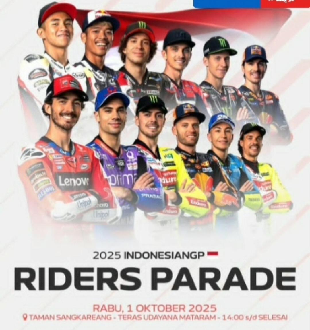 Rabu 1 Oktober 2025 digelar Parade Para Pembalap MotoGP Mandalika Lombok di Lapangan Sangkareang menuju Taman Udayana.