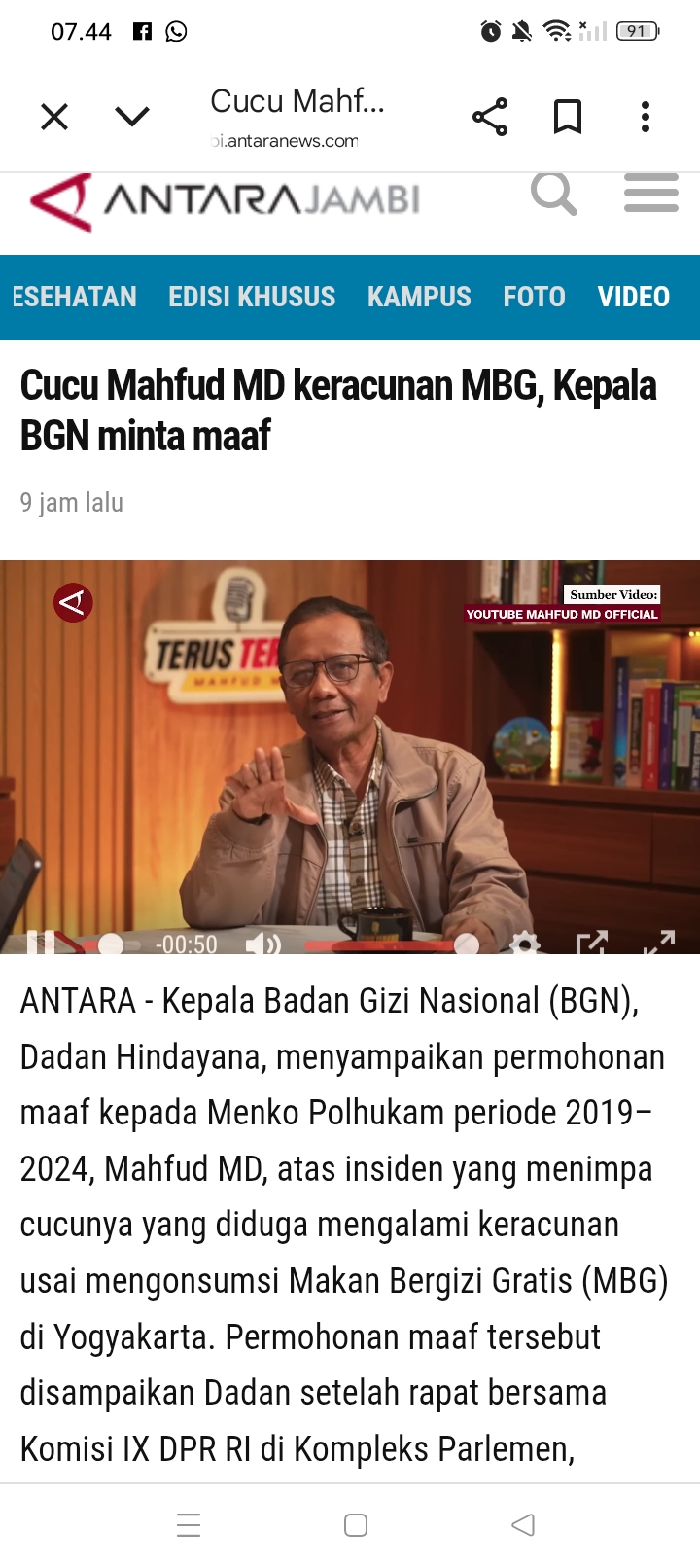 Meski cucu keracunan makanan, Mahfud MD menyatakan tetap mendukung program MBG dan menyebutnya sebagai program mulia yang bermanfaat bagi rakyat.