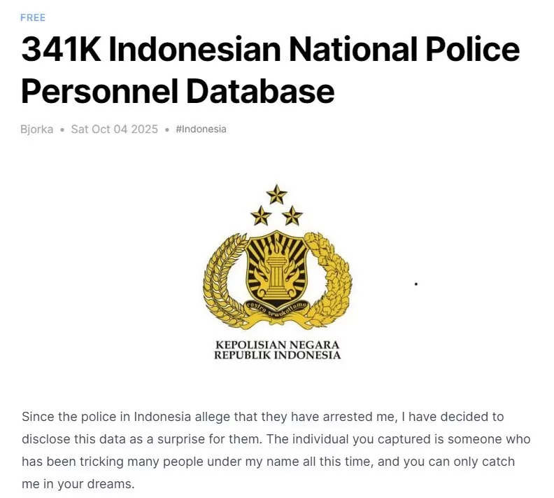 Hacker Bjorka bobol data Polri. (X/@secgron).