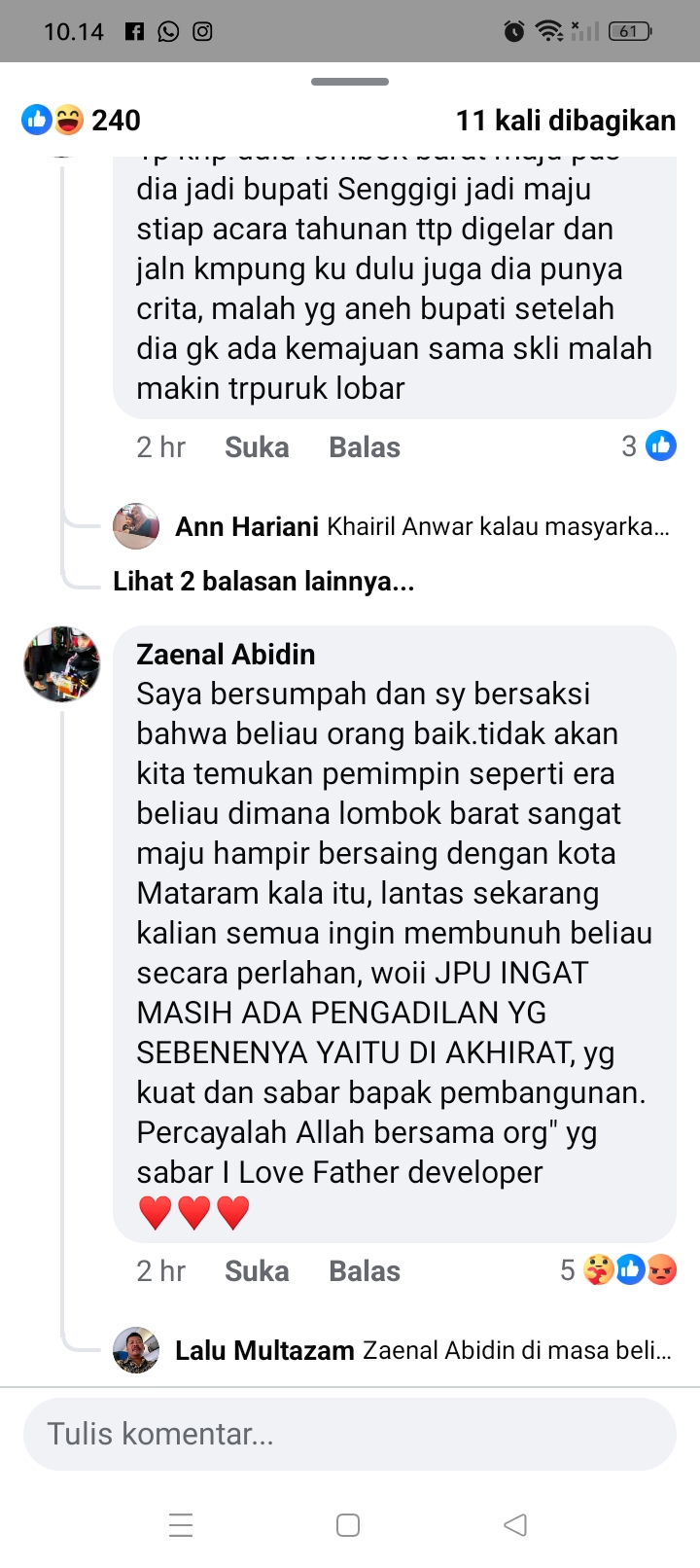 Sejumlah akun Facebook membuat penilaian atas tuntutan JPU 10,5 tahun penjara atas terdakwa mantan Bupati Lombok Barat H Zaini Arony untuk kasus LCC.