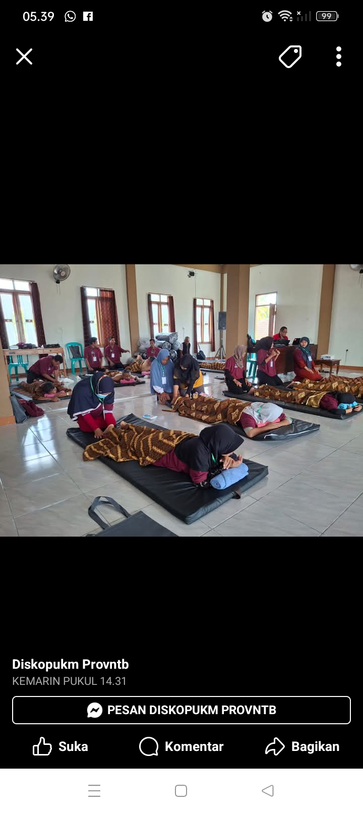 Demi penguatan SDM masyarakat pedesaan, Dinas Koperasi UKM NTB menggelar Diklat Kewirausahaan Bidang Pijat di Lombok Timur.