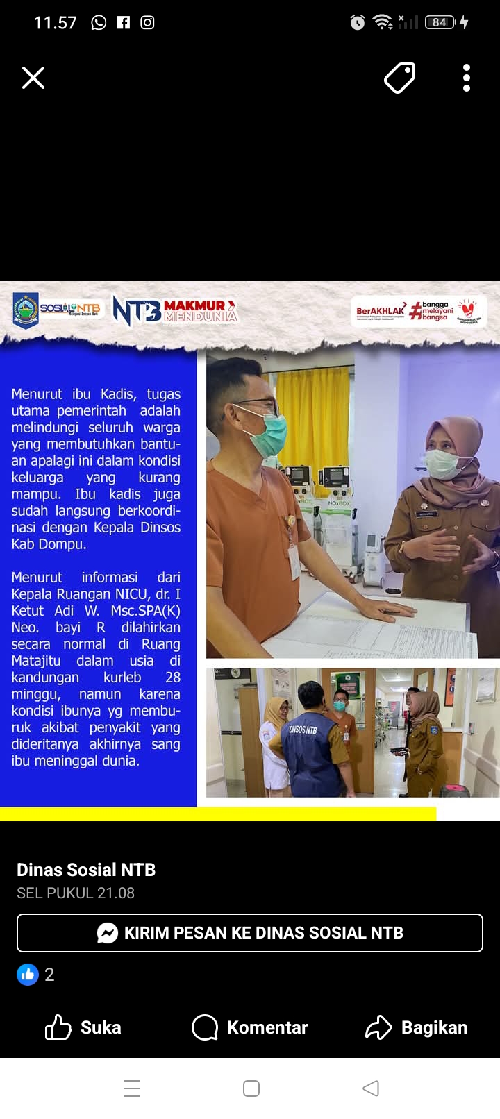Kepala Dinsos Prov didampingi Kabid Linjamsos dan Fungsional Peksos mengunjungi bayi R yang dirawat di ruang NICU RSUP NTB, Selasa (7/10).