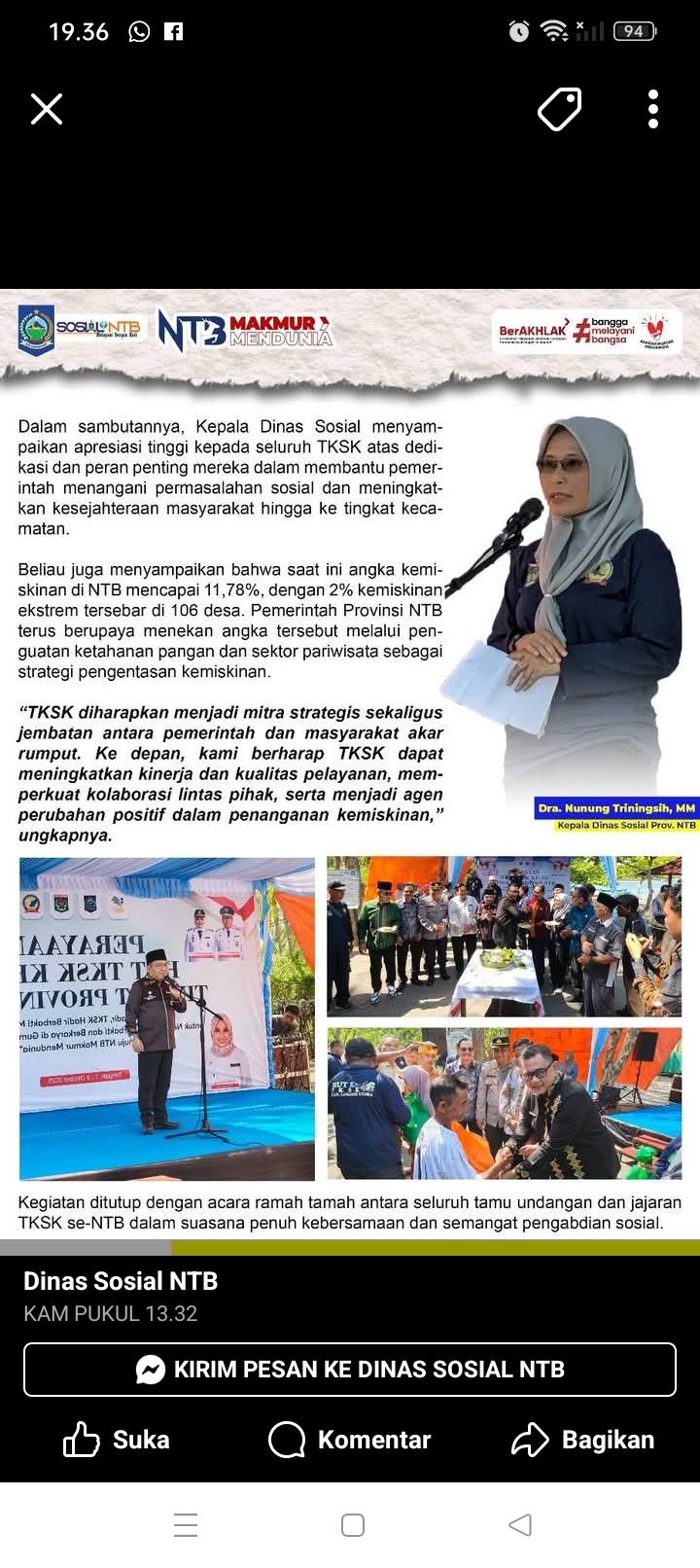 Kadis Sosial NTB menyebutkan, saat ini angka kemiskinan di NTB mencapai 11,78%, dengan 2% kemiskinan ekstrem tersebar di 106 desa.