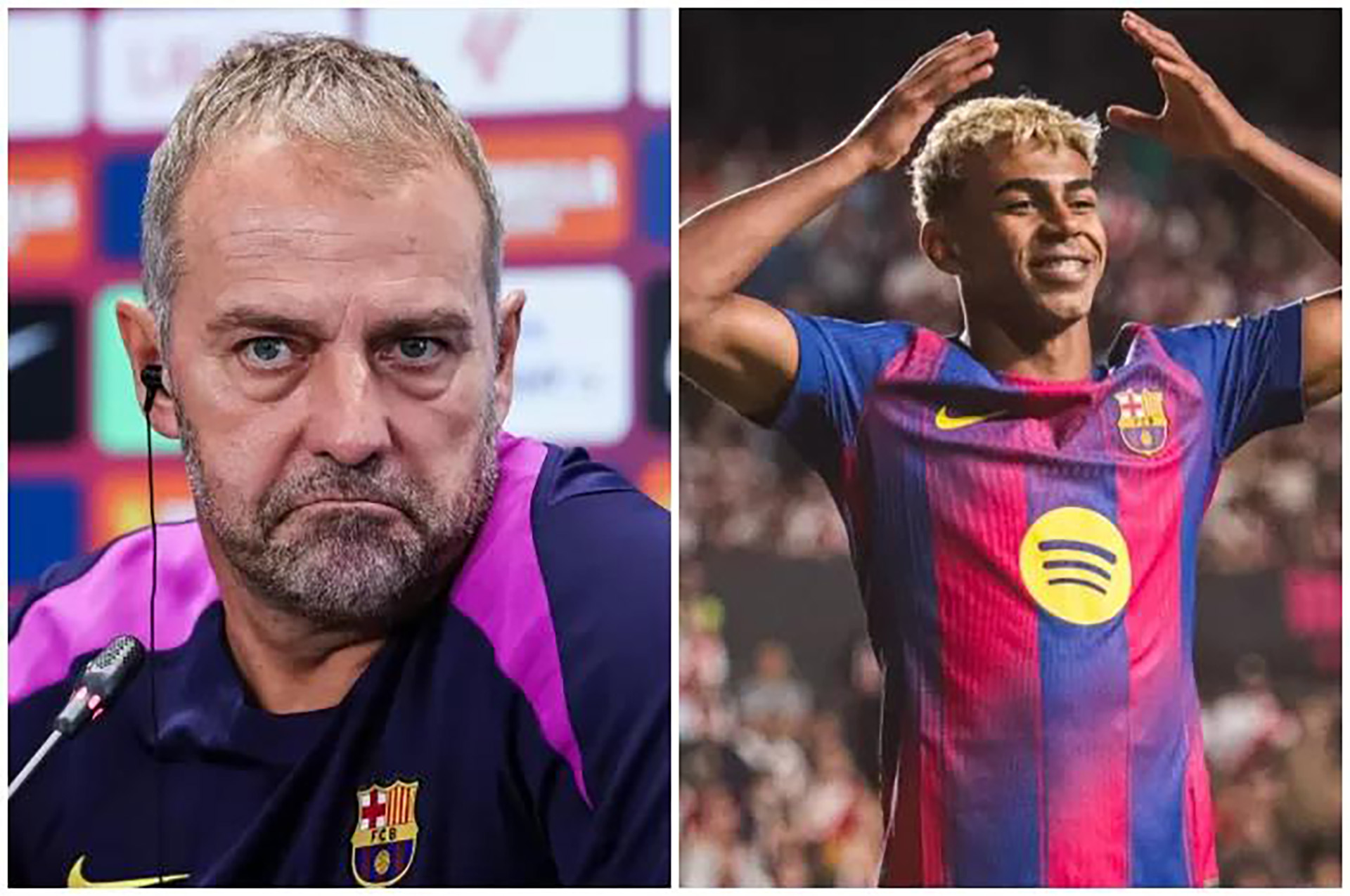 Pelatih Barcelona, Hansi Flick, mengkritik penampilan Lamine Yamal. (Foto: Getty Images, FC Barcelona)