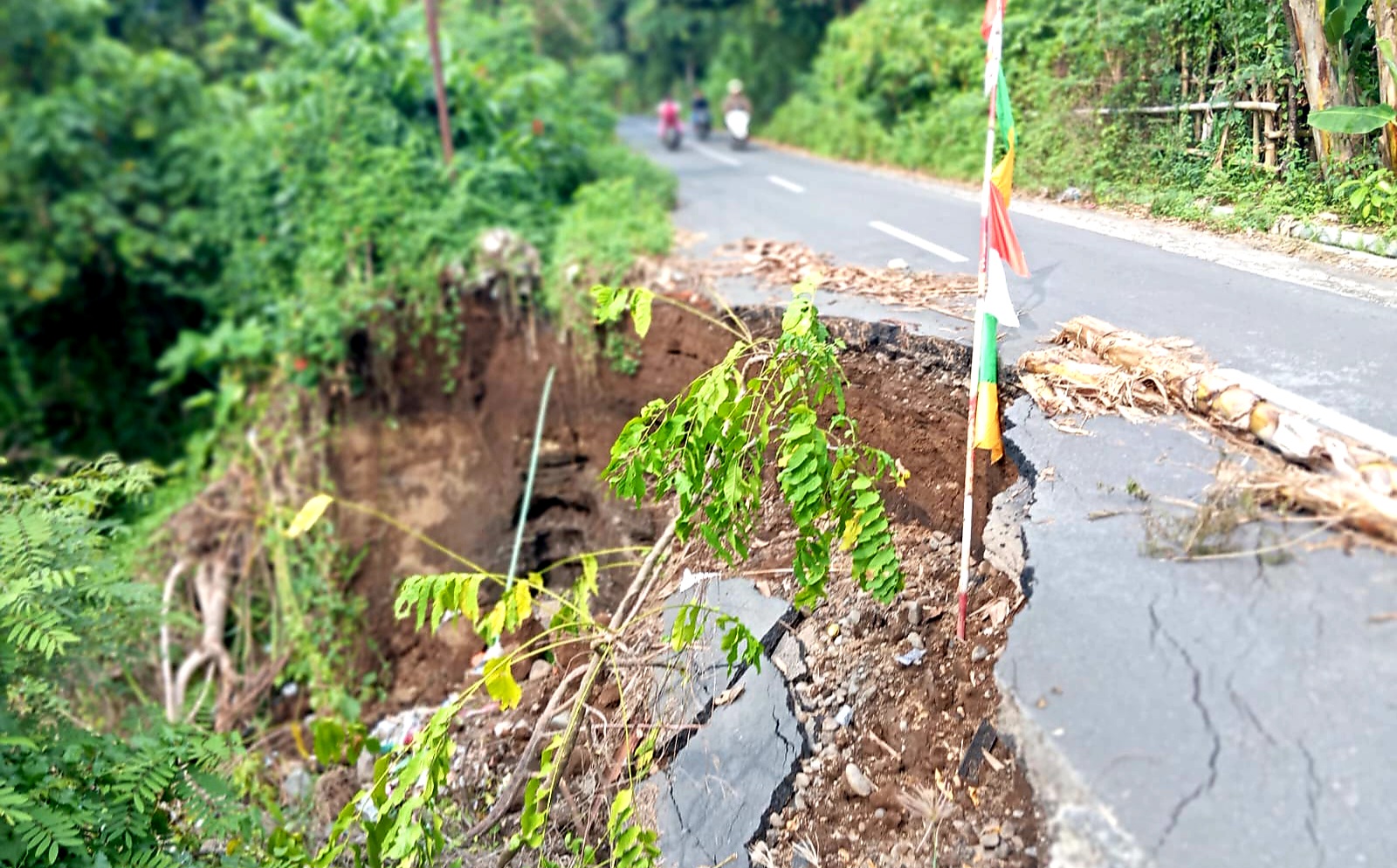 BUTUH PENANGANAN: Jalan penghubung Labuapi - Narmada di Desa Krama Jaya berbatasan dengan Desa Badrain ambles.