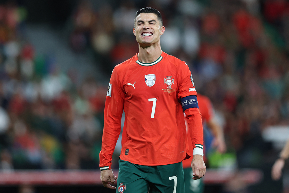 Penyerang Portugal   Cristiano Ronaldo dalam laga grup F kualifikasi Piala Dunia 2026 zona Eropa antara Portugal dan Irlandia di stadion Jose Alvalade di Lisbon pada 11/10/25.