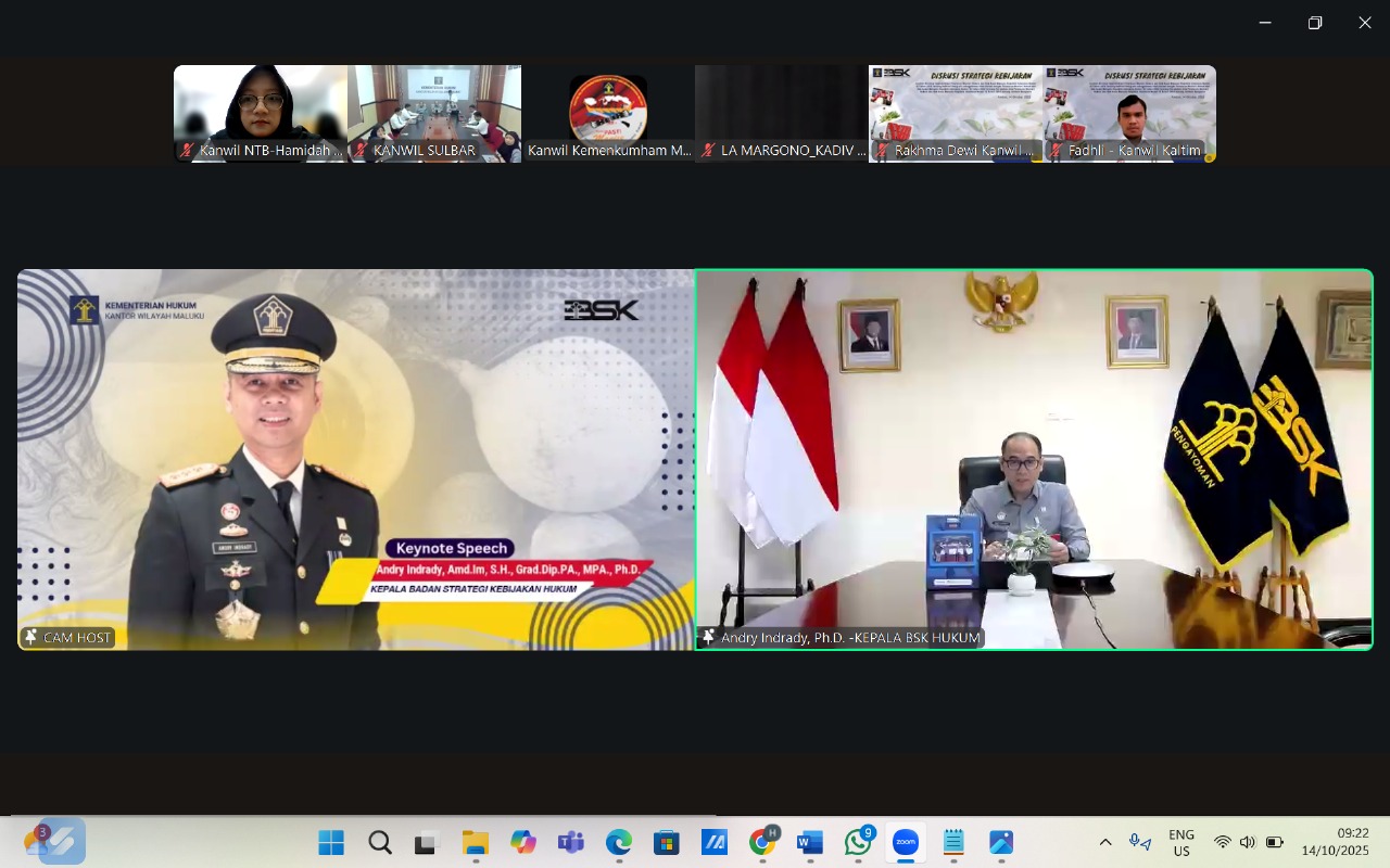 Kepala BSK Hukum Andry Indrady, saat membuka kegiatan Diskusi Strategi Kebijakan (DSK) yang diselenggarakan oleh Kanwil Kemenkum Maluku pada Selasa (14/10).