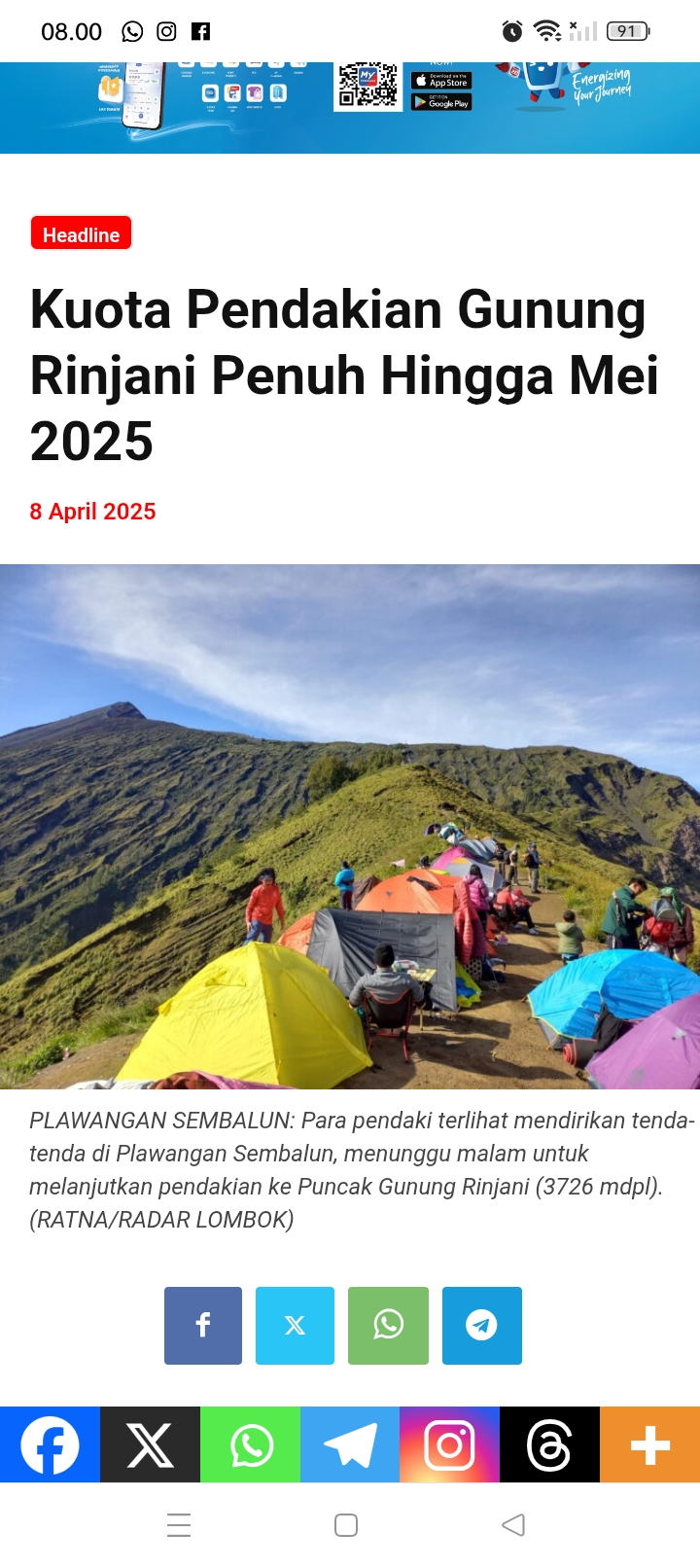 Harga tiket mendaki Gunung Rinjani Lombok mengalami kenaikan per 1 November 2025, wisman harus siapkan gocek lebih banyak.