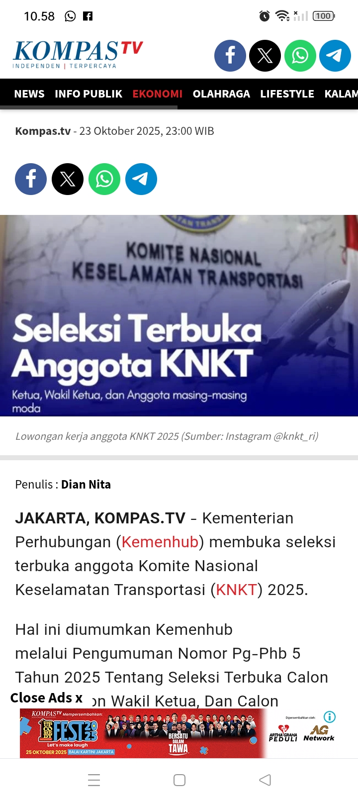 Kementerian Perhubungan (Kemenhub) membuka seleksi terbuka anggota Komite Nasional Keselamatan Transportasi (KNKT) 2025.