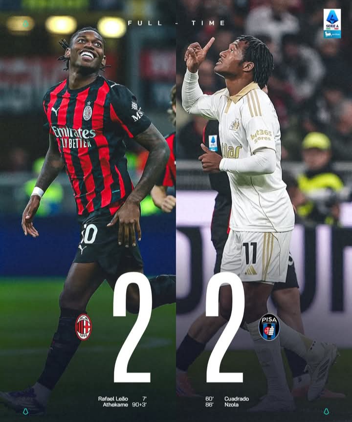 Hasil akhir AC Milan vs Pisa 2-2.