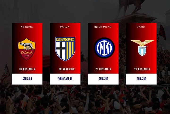 Kawan-kawan AC Milan di bulan November, AS Roma, Parma, Inter Milan, dan Lazio.
